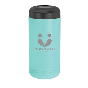May include: A teal insulated beverage holder with a black top. The holder features a gray logo with the text "CORPORATE LOGO". The holder is cylindrical and has a ridged design near the bottom.