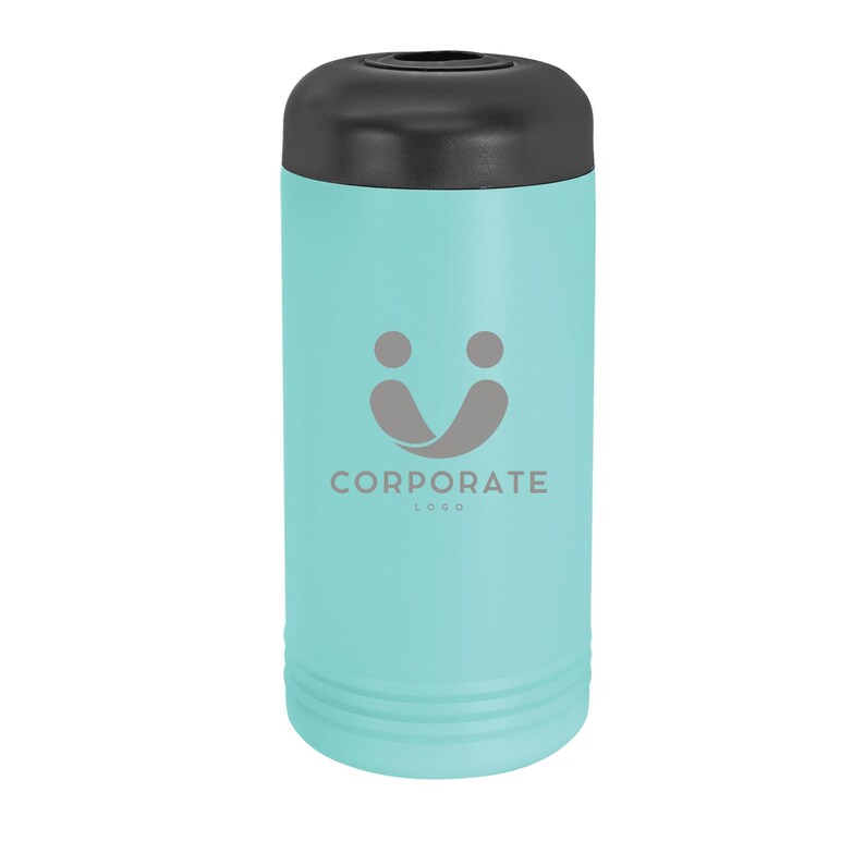 May include: A teal insulated beverage holder with a black top. The holder features a gray logo with the text "CORPORATE LOGO". The holder is cylindrical and has a ridged design near the bottom.