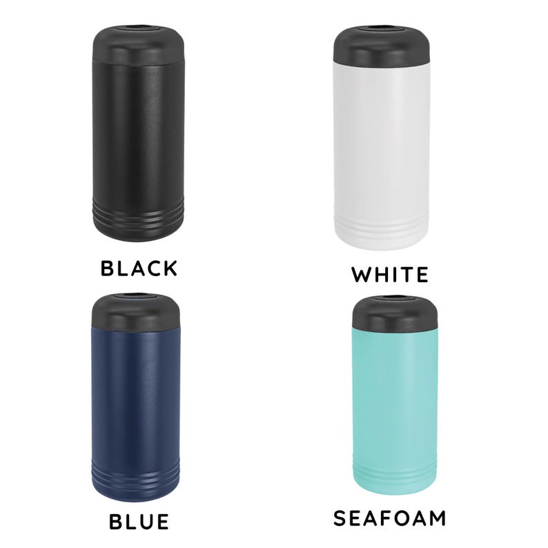 May include: Four insulated can coolers in black, white, blue, and seafoam green. Each cooler has a black top and a cylindrical body. The colors are labeled with the text "BLACK", "WHITE", "BLUE", and "SEAFOAM".