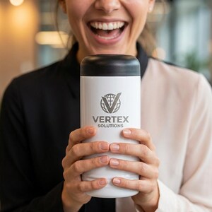 May include: A white tumbler with a black lid, featuring the "VERTEX SOLUTIONS" logo in gray. The tumbler is held by a person in a black and white shirt, with a blurred office background.