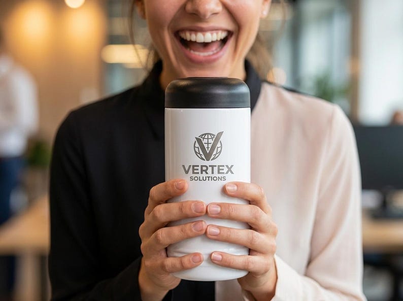 May include: A white tumbler with a black lid, featuring the "VERTEX SOLUTIONS" logo in gray. The tumbler is held by a person in a black and white shirt, with a blurred office background.