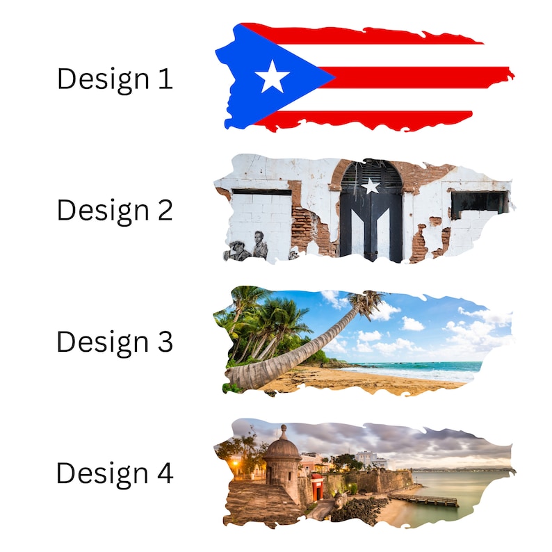 May include: Four different designs of the Puerto Rican flag, each with a different image. The first design features the flag itself, the second design features a building with graffiti, the third design features a beach scene with palm trees, and the fourth design features a historic building with a dome.