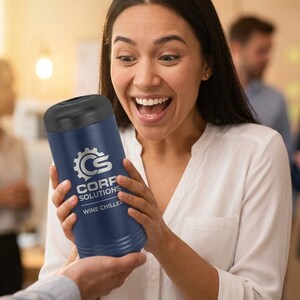 May include: A navy blue wine chiller with a black top is being presented. The chiller has the text "CORP SOLUTIONS WINE CHILLER" and a gear logo in white. The person holding the chiller is smiling.