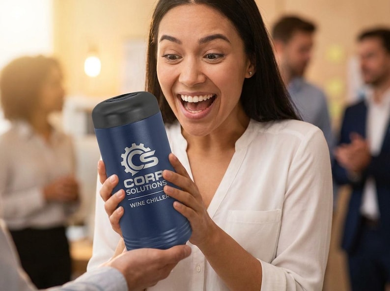 May include: A navy blue wine chiller with a black top is being presented. The chiller has the text "CORP SOLUTIONS WINE CHILLER" and a gear logo in white. The person holding the chiller is smiling.