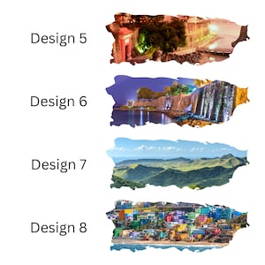 May include: A collage of four images depicting different aspects of Puerto Rico. The top image shows a street scene at night with a red gate and a stone wall. The second image shows a waterfall at night with a stone wall and a body of water. The third image shows a green mountain range with a blue sky and white clouds. The bottom image shows a colorful cityscape with buildings and a beach.