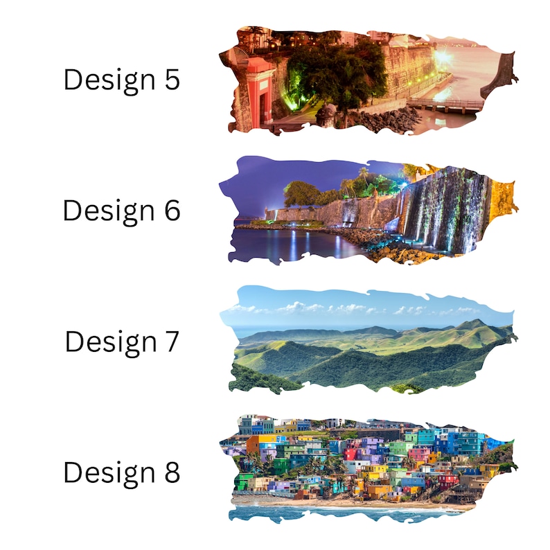 May include: A collage of four images depicting different aspects of Puerto Rico. The top image shows a street scene at night with a red gate and a stone wall. The second image shows a waterfall at night with a stone wall and a body of water. The third image shows a green mountain range with a blue sky and white clouds. The bottom image shows a colorful cityscape with buildings and a beach.