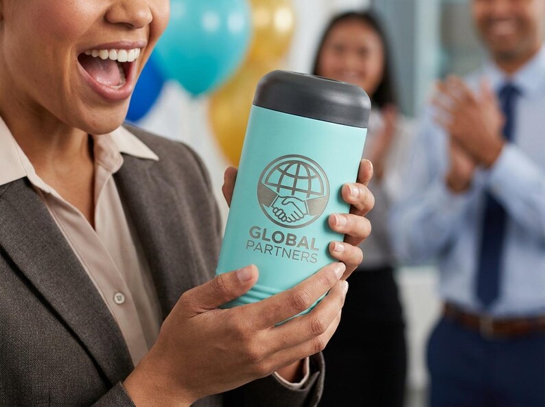 May include: A light blue insulated tumbler with a black lid is held by a person. The tumbler has a logo with a globe and handshake, and the words "GLOBAL PARTNERS". The background includes balloons and people.