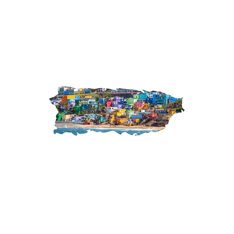 May include: A colorful illustration of the island of Puerto Rico, with a beach and houses in various shades of blue, green, yellow, and red.