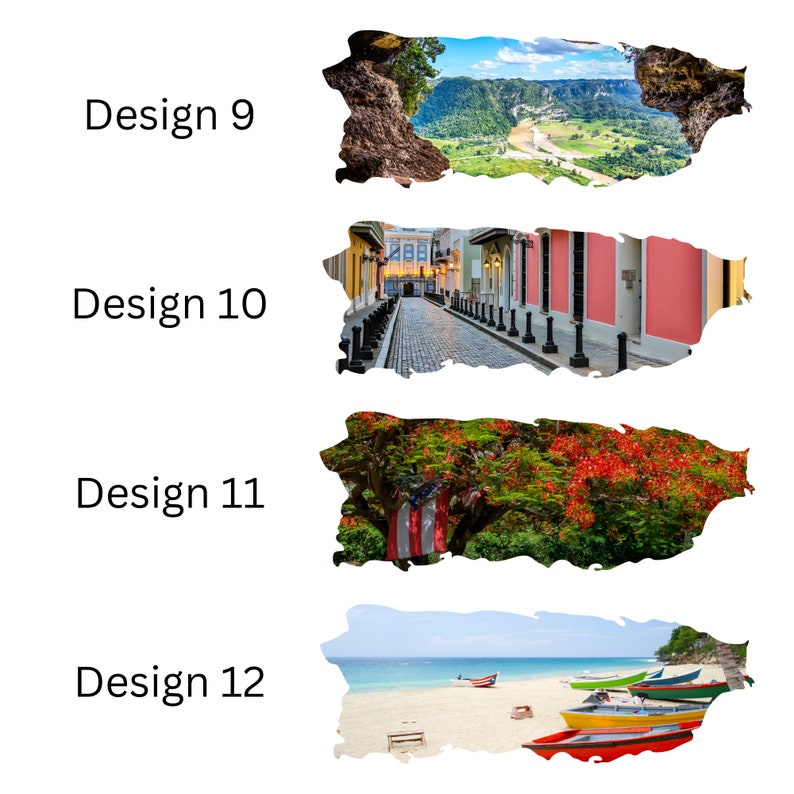 May include: Four different images of Puerto Rico, each depicting a different aspect of the island. The top image shows a lush green mountain range with a river winding through it. The second image shows a cobblestone street lined with colorful buildings. The third image shows a tree with red flowers and a US flag. The bottom image shows a beach with turquoise water and boats.