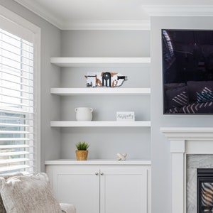 May include: White shelves with a wooden cutout of the island of Puerto Rico with the Puerto Rican flag on it. The shelves are in a room with a white fireplace and a large flat screen TV. There is a white ceramic pot on the shelf with a green plant in a brown pot on the shelf below it. A small white box with the word "Happily" on it is on the shelf with the Puerto Rican cutout.