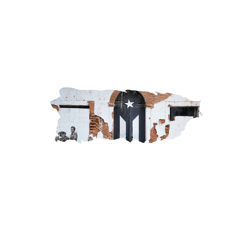 May include: A distressed brick wall with a black door painted with the Puerto Rican flag. The flag features a white star and three black stripes on a white background. The wall is partially crumbling, revealing the brick underneath.