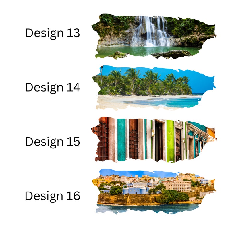 May include: Four different designs of the island of Puerto Rico, each with a different image. The first design shows a waterfall in a lush green forest. The second design shows a beach with palm trees. The third design shows a colorful building with a striped facade. The fourth design shows a cityscape with buildings and a body of water.