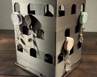 3D Printed Badge Reel Display Stand | Spinning Organizer with Storage