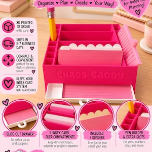 May include: A bright pink plastic desk organizer labeled Chaos Caddy with multiple vertical slots for index cards, a pen holder, and a slide-out drawer. The unit features seven white dividers and includes text detailing its organizational features and functions.