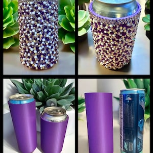 May include: Four different can coolers. Two are purple and two are covered in rhinestones. The rhinestones are white, purple, and gold. The purple coolers are plain and have a ribbed texture.