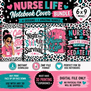 May include: A digital bundle of four 6x9 inch notebook covers featuring nurse-themed designs with pink, teal, and black leopard print patterns. The graphics include a nurse illustration, a skeleton, scrubs, and text like Nurse Life and Night Shift Survival.