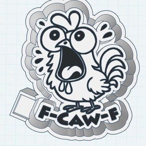 May include: A cartoon-style sticker featuring a surprised rooster with large eyes and an open beak. The rooster is white with black outlines and is surrounded by a gray cloud-like border. The text "F-CAW-F" is at the bottom.