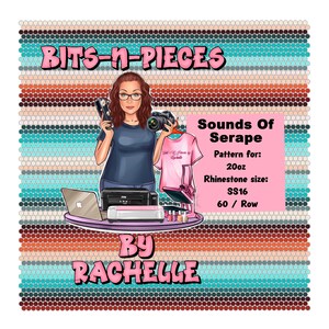 May include: An illustration with the text "BITS-N-PIECES" and "Sounds Of Serape." It depicts a woman with cameras, a pink t-shirt, a heat press, and a laptop. The background has a colourful, patterned design with a variety of colours.