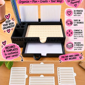 May include: A black desk organizer labeled Mini Chaos Caddy with a pen holder, a central compartment for index cards, and a pull-out drawer. It includes four white plastic stencils for creating lists, checkboxes, and half-page designs on index cards.