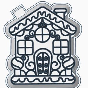 May include: A black and white gingerbread house cookie cutter with intricate details, including a chimney, windows, and a door. The cutter is designed to create a gingerbread house shape for baking.