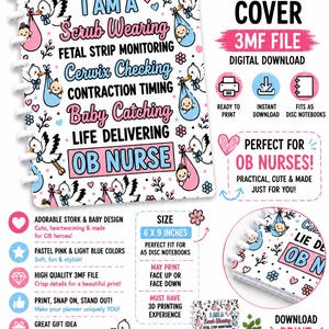 May include: A digital A5 disc notebook cover file featuring a white background with a repeating pattern of storks carrying babies in pink and blue bundles. The text reads: MADE FOR THE MIRACLE WORKERS! I AM A Scrub Wearing FETAL STRIP MONITORING Cervix Checking CONTRACTION TIMING Baby Catching LIFE DELIVERING OB NURSE.