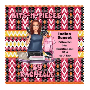 Puede incluir: Gráfico de arte digital con el texto "BITS-N-PIECES" y "BY RACHELLE". La imagen presenta a una mujer sosteniendo una cámara y un teléfono, con un diseño de camiseta rosa y una prensa de calor rosa. El diseño es "Indian Sunset".