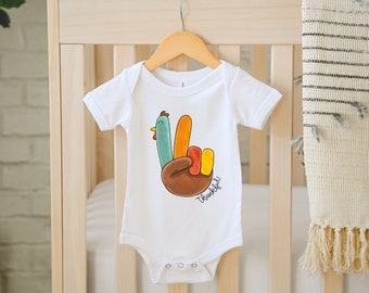 Thankful Peace Sign Turkey Onesie® - White 100% Cotton - Available in Toddler Shirt or Onesie®