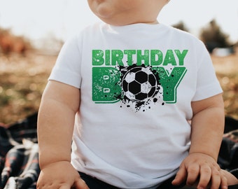 Birthday Boy® Soccer Toddler Shirt | 100% Cotton | Available In Natural, Heather Gray or White | Black and Green Soccer Design