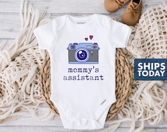 Mommy's Assistant Photographer Baby Onesie® - 100% Cotton - Available in White or Grey - Blue and Grey Design