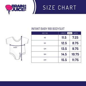 Peut inclure: Tableau des tailles pour bodies en c&ocirc;te pour b&eacute;b&eacute;s. Le tableau indique la taille, la longueur en pouces et la largeur en pouces pour les tailles NB, 6M, 12M, 18M et 24M.