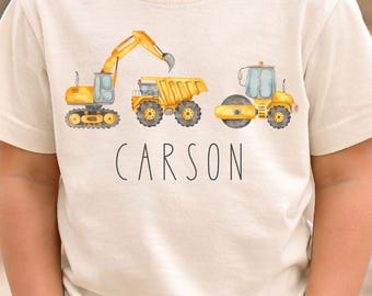 Personalized Construction Trucks Toddler Shirt | Custom Name Kids Tee | Dump Truck Excavator Shirt