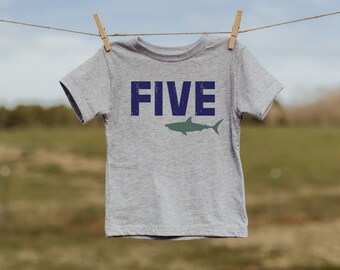 Shark 5th Birthday Shirt -  100% Cotton - Available In White or Heather Gray