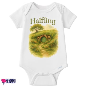 May include: White baby onesie with a green door and a green tree on a hill. The text "Halfling" is printed above the image.