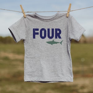 Shark 4th Birthday Shirt -  100% Cotton - Available In White or Heather Gray