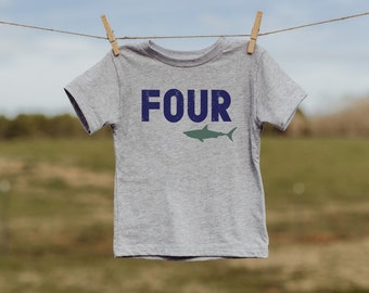 Shark 4th Birthday Shirt -  100% Cotton - Available In White or Heather Gray