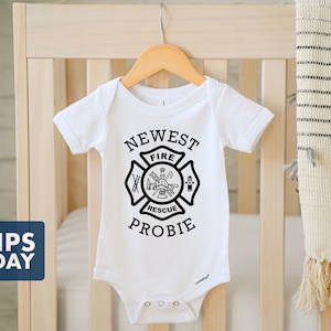 Newest Probie Firefighter Baby Onesie® - 100% Cotton - Available in White, Pink or Grey