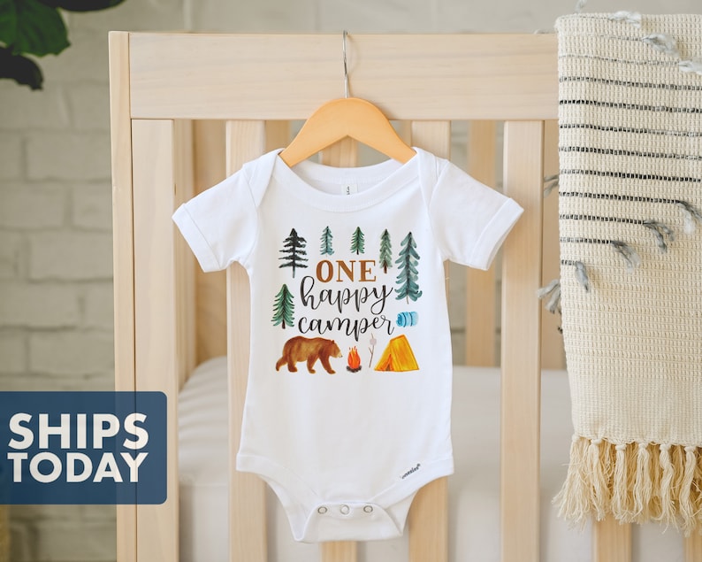 One Happy Camper Onesie® Cute Baby First Birthday Onesie® Hipster Baby Bodysuit Adventure Cute Baby Shirt image 1