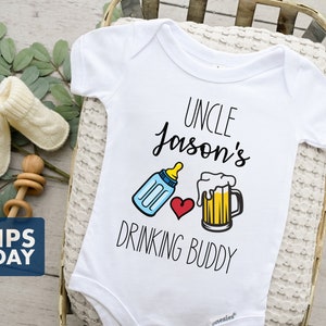 Personalized Uncle&#39;s Drinking Buddy Baby Onesie® - White 100% Cotton
