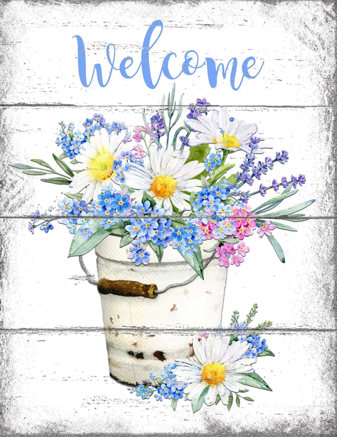 Farmhouse Welcome Daisies and Forget Me Nots in rustic bucket | Etsy