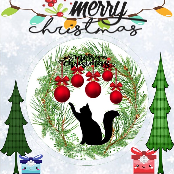 Merry Christmas Cat and, Ornament Door Hanger, Wreath Decoration, Wall Art, Farmhouse Style Wall hanging, Door Hanger, Sign
