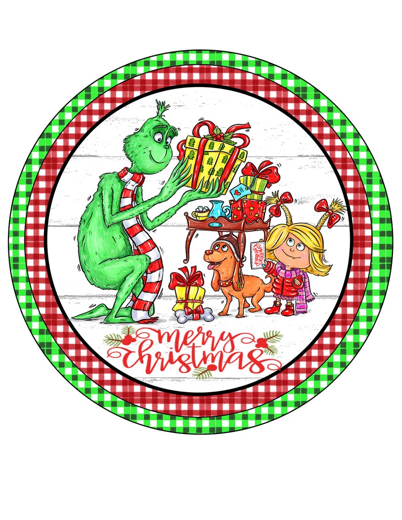 Christmas Grinch Buffalo Plaid Check Wreath Signs Wall Art Etsy