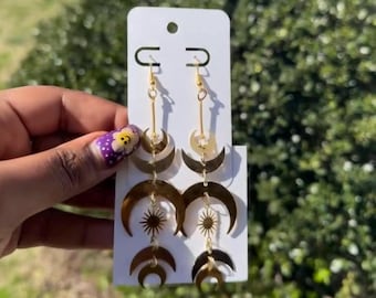 Sun Moon Earrings Gold Brass Dangle Earrings Celestial Jewelry Boho Statement Earrings Crescent Moon Star Earrings Gift for Her