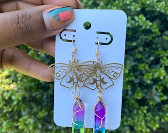 Butterfly Earrings Gold Brass Dangle Earrings Crystal Drop Handmade Jewelry Gift for Her Boho Earrings Statement Jewelry