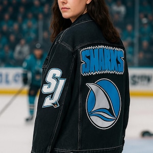 Matchdagsoutfit – San Jose Sharks-jeansjacka för supportrar | Sportfödelsedagspresent, överdimensionerad handmålad jacka för hockeyfans