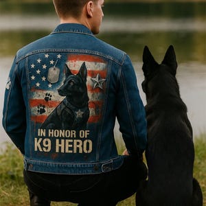 May include: A denim jacket with an American flag design featuring a K9 dog and the text "IN HONOR OF K9 HERO". The jacket has a distressed look and is worn by a person kneeling next to a black dog.
