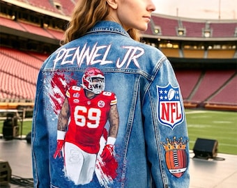 Aangepast spijkerjack met portret – handgeschilderd kunstwerk op jas, uniek cadeau voor sportfans, op NFL geïnspireerde streetwear voor hem of haar