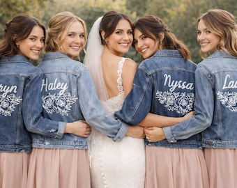 Bride Denim Jacket with Custom Logo or Text | Hand Painted Wedding Jean Jacket | Personalized Bridal Gift, Bachelorette Party Jacket