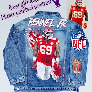 Hand Painted Denim Jackets-Best Gift-Sport Jacket -Handmade Denim Jacket-Jacket with Football player