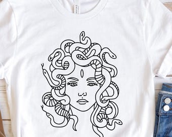 Camiseta con cara de serpiente Medusa, camiseta de la diosa Medusa, camiseta de mitología griega, camiseta de bruja con cabeza de serpiente, camiseta de mitología, camiseta de gorgona, camiseta de serpiente Medusa