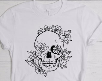 Floral Skull Shirt, Skull Flowers, Flowers Skull, Gothic Shirt, Tribal Shirt, Boho Gift, Ethnic Tee, Rustic, Hippie Halloween Gift,